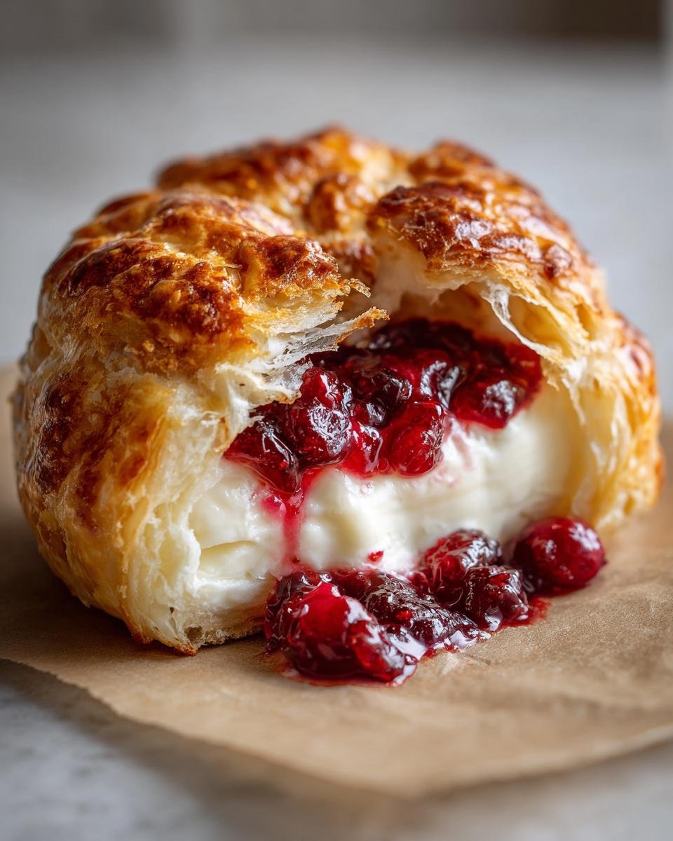 Close-up of Irresistible Brie En Croute with flaky pastry oozing melted brie and tart cranberry sauce.