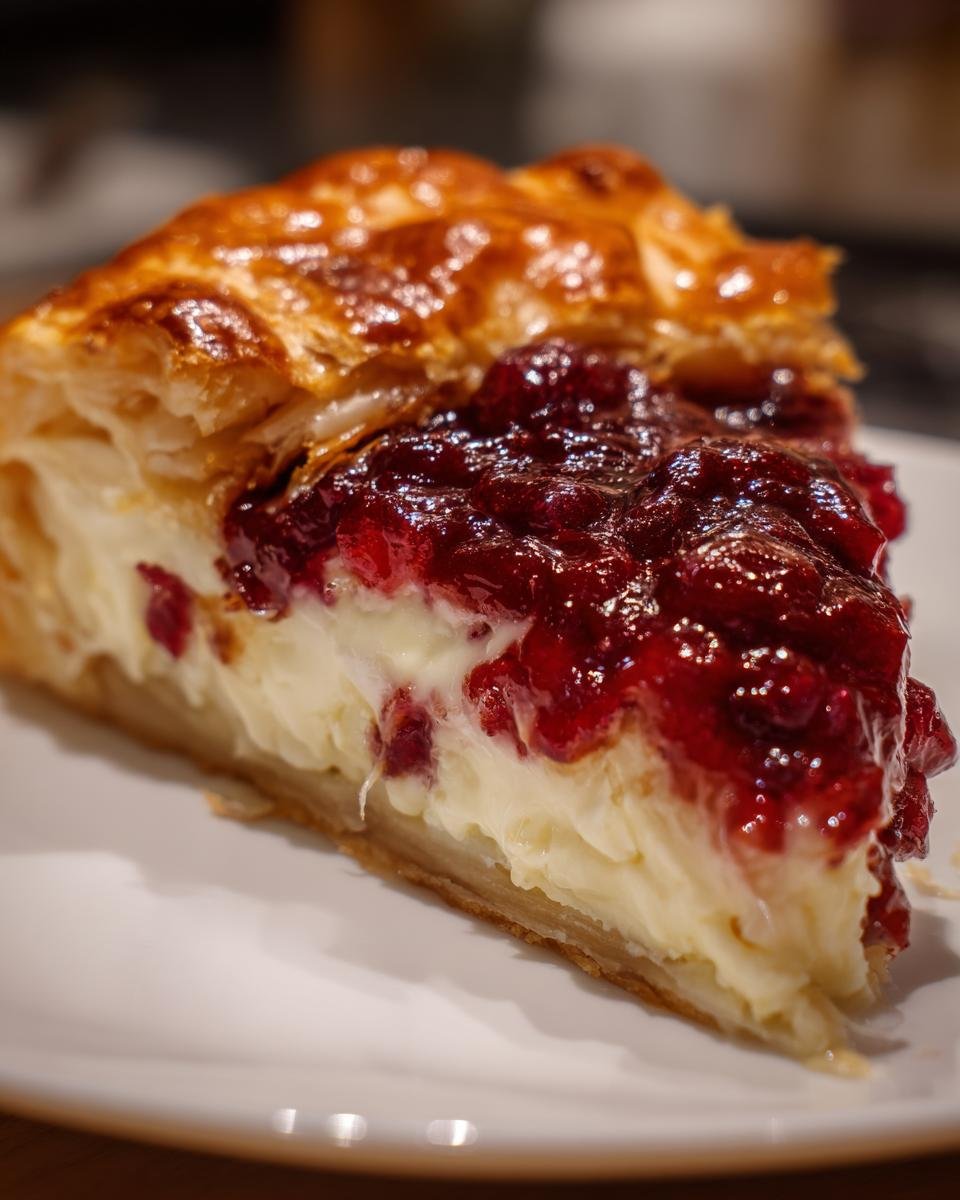 Close-up of a slice of Irresistible Brie En Croute With Cranberries, showing flaky pastry, melted brie, and bright cranberry topping.