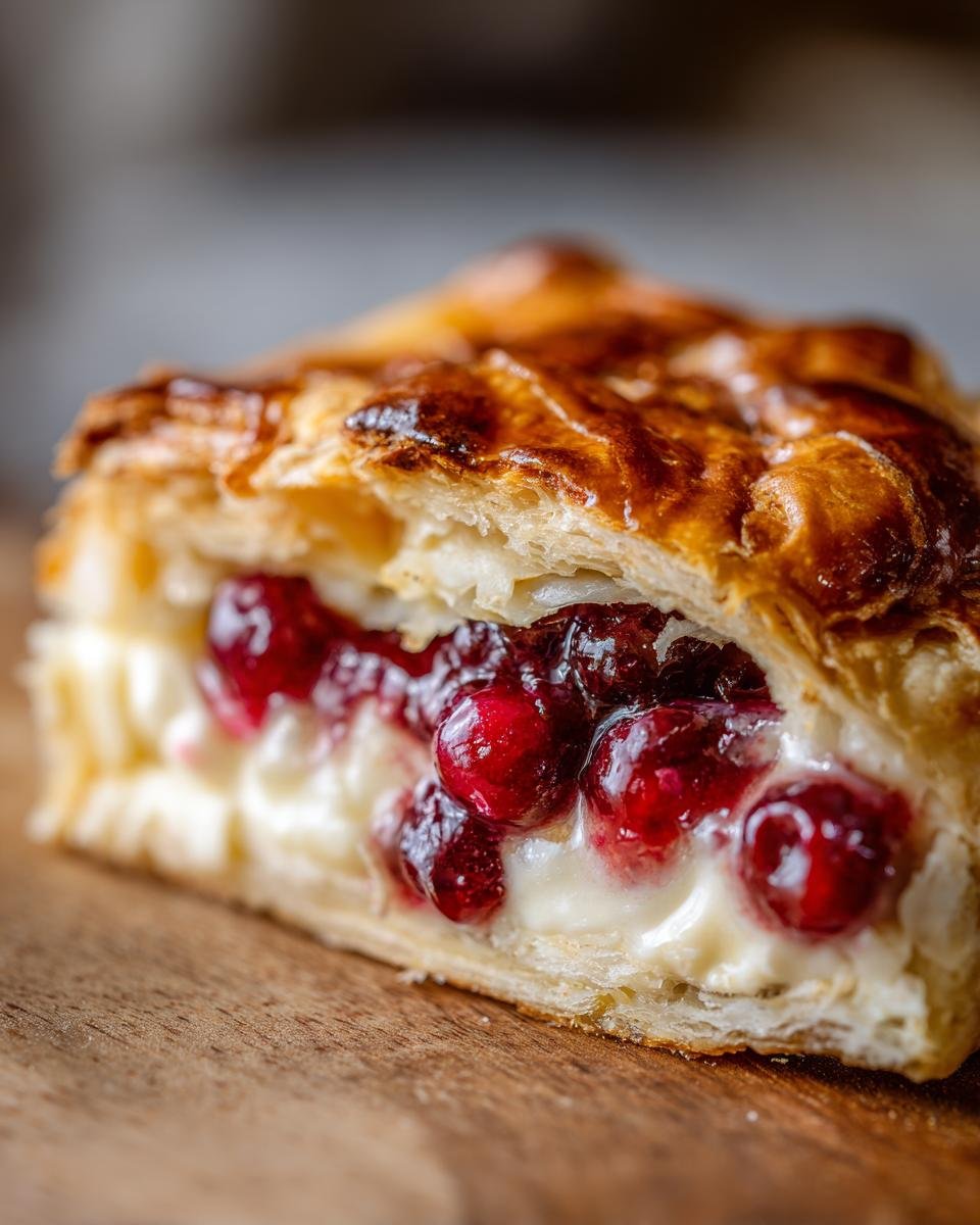 Close-up of a slice of Irresistible Brie En Croute Recipe showing flaky pastry, melted brie, and bright red cranberries.