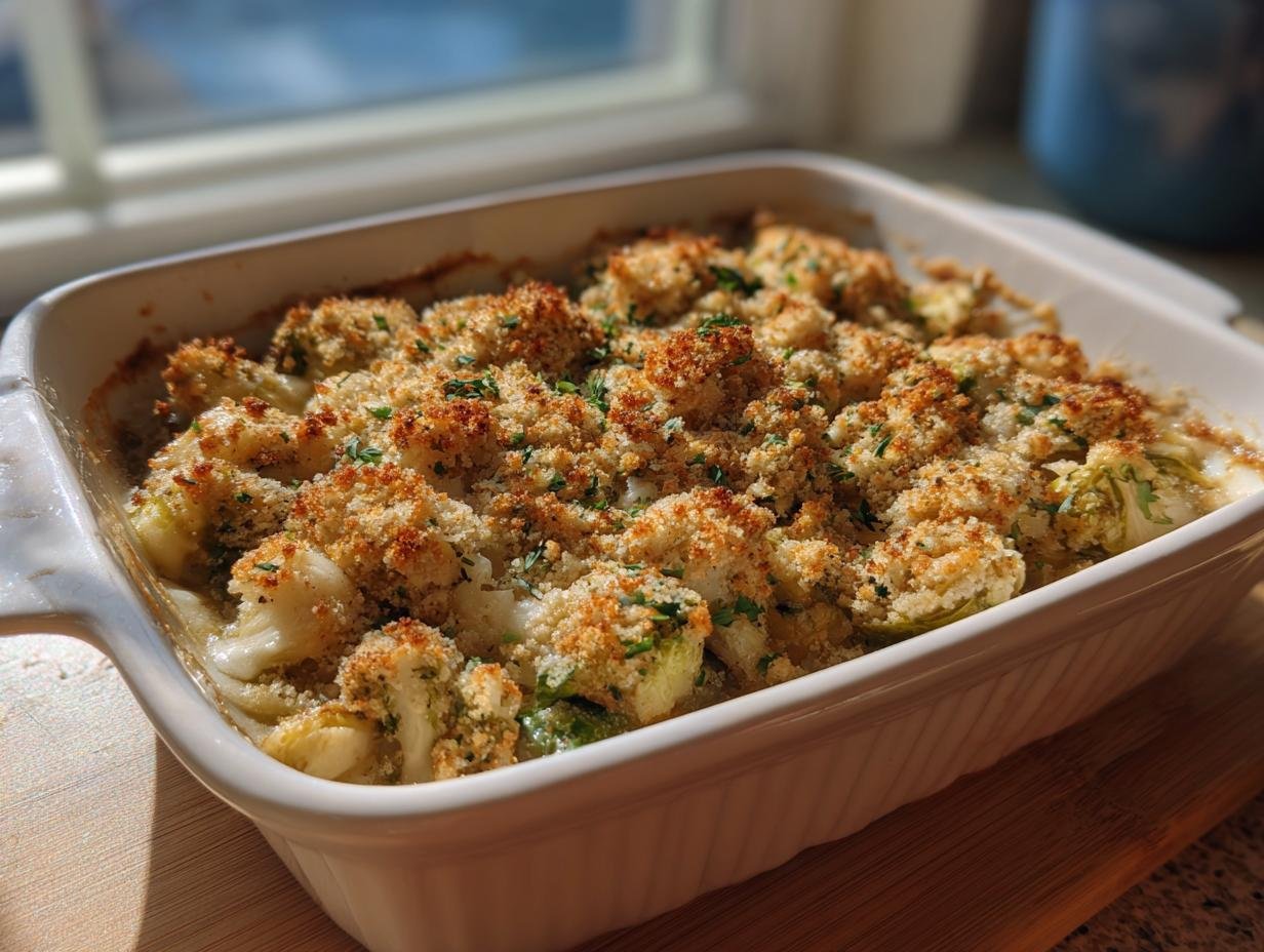 A freshly baked Brussels Sprouts Gratin in a white baking dish, topped with golden brown breadcrumbs.