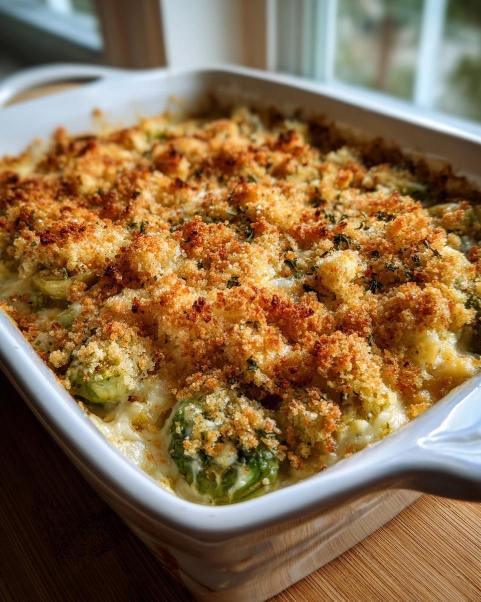 Close-up of an Irresistible Brussels Sprouts Gratin with a golden, crunchy breadcrumb topping.