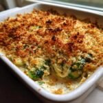 Close-up of Irresistible Brussels Sprouts Gratin in a white dish, showing creamy sauce and golden brown breadcrumb topping.