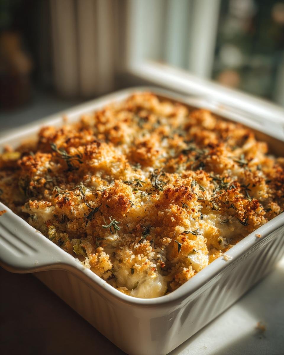 Close-up of an Irresistible Brussels Sprouts Gratin with a golden, crunchy breadcrumb topping and fresh thyme.