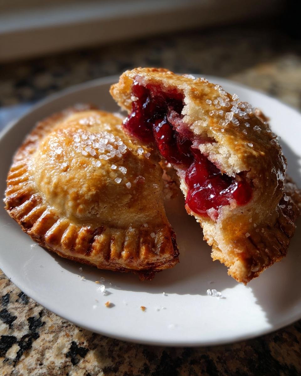 Two Irresistible Cherry Hand Pies on a white plate, one broken open revealing juicy cherry filling.