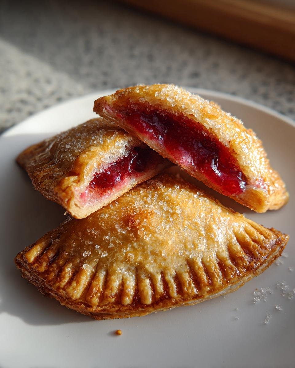 Close-up of two Irresistible Cherry Hand Pies, one cut open revealing bright red cherry filling and a sugar-dusted crust.