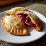 Two golden baked Irresistible Cherry Hand Pies on a white plate, one cut open revealing bright red cherry filling.