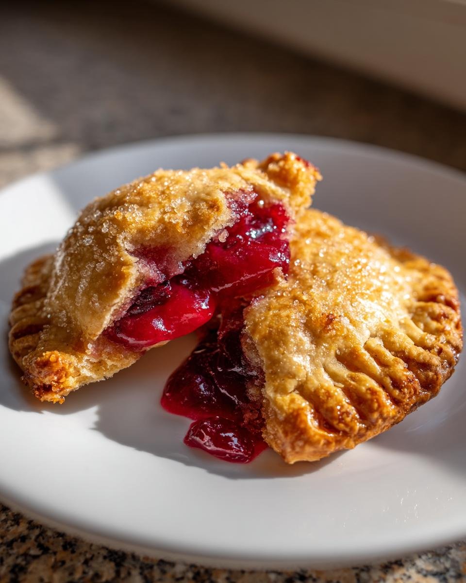 Close-up of an Irresistible Cherry Hand Pie broken open, showing bright red cherry filling spilling out.