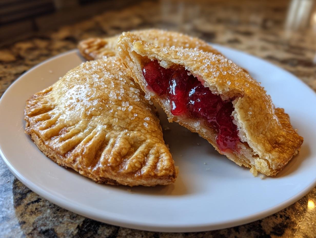 Close-up of Irresistible Cherry Hand Pies, one split open showing gooey cherry filling and sugared crust.