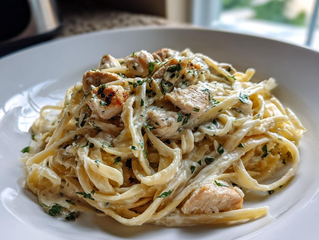 A close-up of a plate piled high with fettuccine pasta coated in creamy sauce, topped with chunks of chicken for an Irresistible Chicken Alfredo Dish.