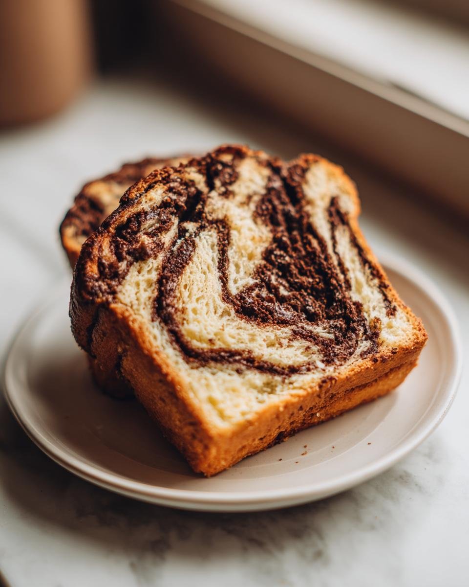 A close-up of a thick slice of Irresistible Chocolate Babka Recipe showing beautiful chocolate swirls on a small plate.