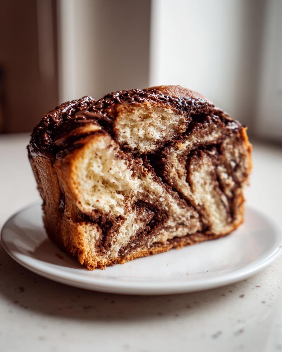 A close-up of a thick slice of Irresistible Chocolate Babka Recipe showing the swirled chocolate filling and soft dough.
