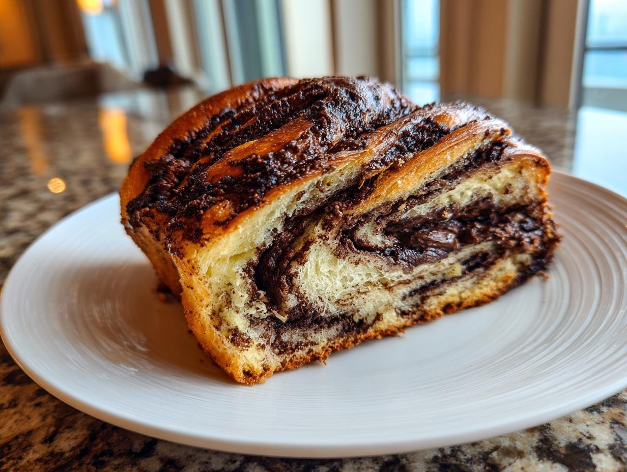 A close-up of a thick slice revealing the swirls of chocolate filling in the Irresistible Chocolate Babka Recipe.
