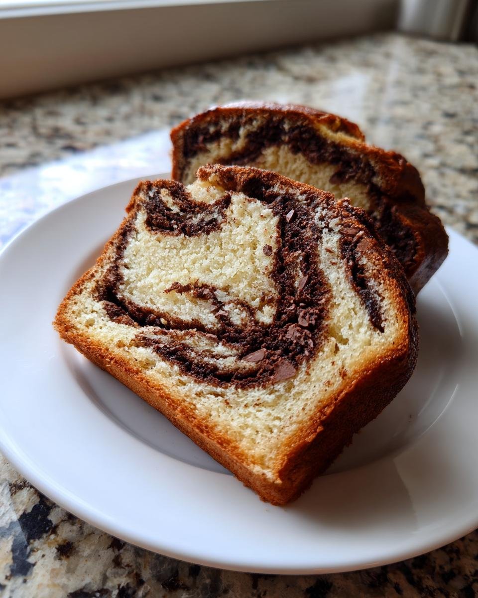Two slices of Irresistible Chocolate Babka Recipe showing a beautiful swirl of light dough and dark chocolate filling.