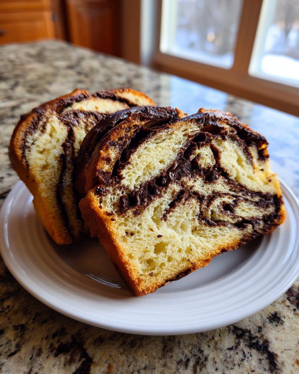 Two thick slices of Irresistible Chocolate Babka Recipe showing rich chocolate swirls in soft, golden bread.