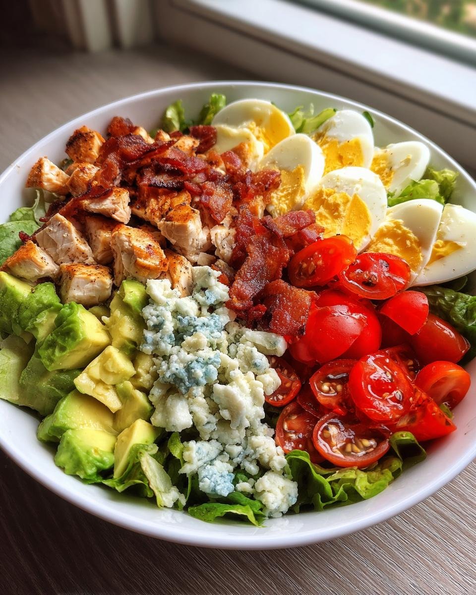 Close-up of an Irresistible Cobb Salad Recipe bowl featuring chicken, bacon, avocado, blue cheese, and tomatoes.
