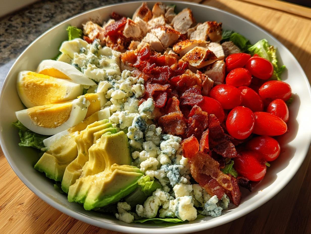 A beautifully arranged bowl featuring all the components of an Irresistible Cobb Salad Recipe: chicken, bacon, eggs, avocado, blue cheese, and tomatoes.