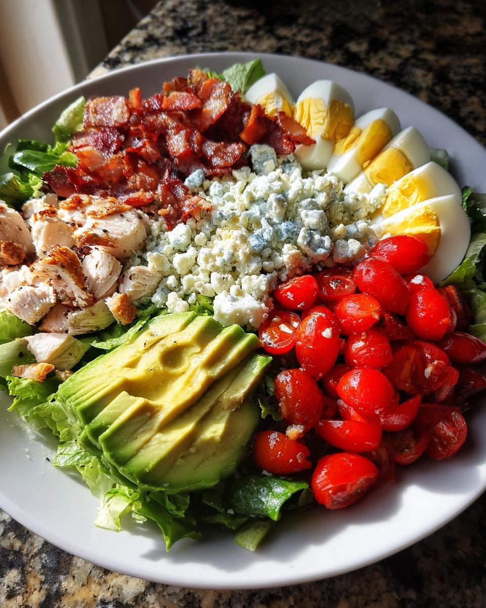 A vibrant, fully loaded Irresistible Cobb Salad Recipe featuring sliced avocado, bacon, blue cheese, eggs, and tomatoes on lettuce.