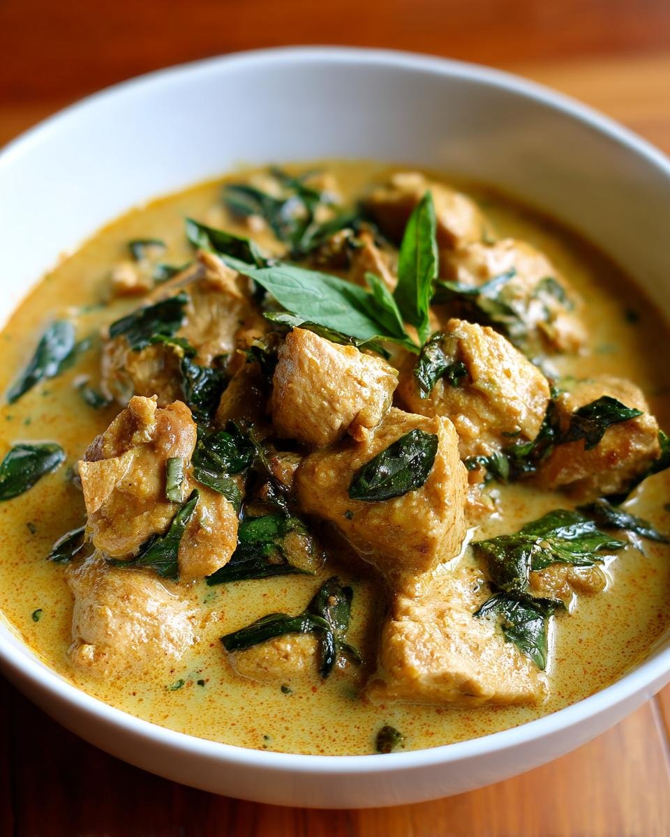 Close-up of chunks of chicken coated in creamy yellow sauce, garnished with fresh basil leaves in the Irresistible Coconut Basil Chicken Curry.