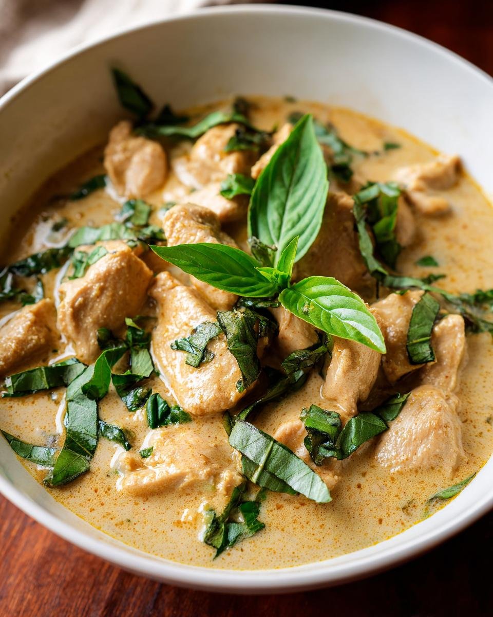Close-up of Irresistible Coconut Basil Chicken Curry with chunks of chicken in a creamy sauce, topped with fresh basil leaves.