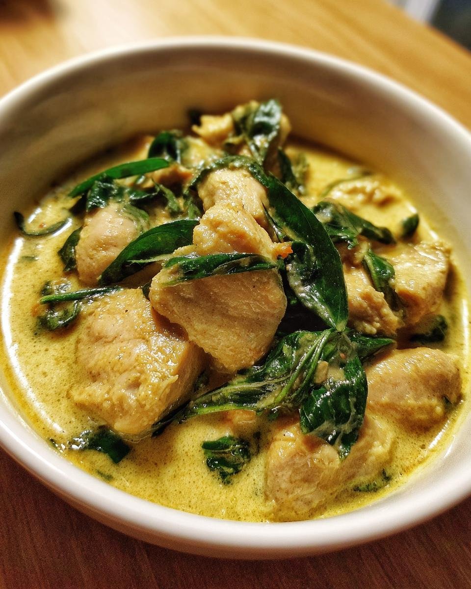 Close-up of Irresistible Coconut Basil Chicken Curry with chunks of chicken in a rich yellow sauce and fresh basil leaves.