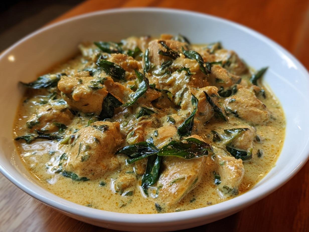 Close-up of Irresistible Coconut Basil Chicken Curry with chunks of chicken in a rich, creamy yellow sauce and fresh basil leaves.
