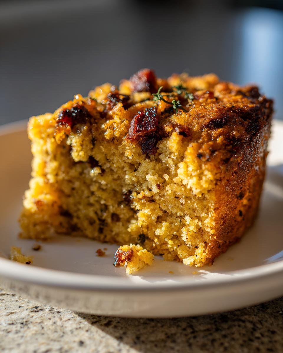 Close-up of a moist slice of Irresistible Cornbread Stuffing With Bacon Recipe Delight, topped with bacon bits and thyme.