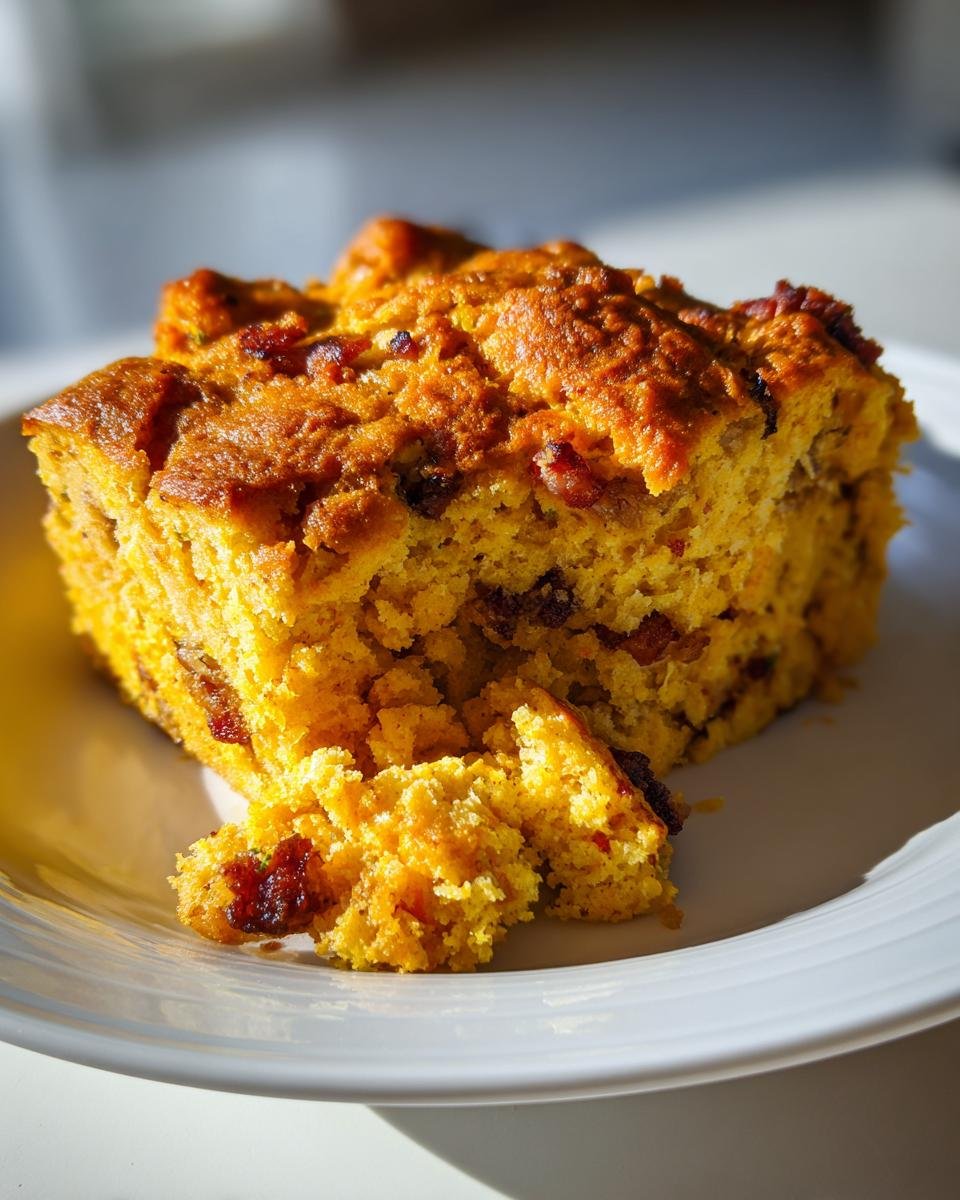 A close-up of a moist, golden slice of Irresistible Cornbread Stuffing With Bacon Recipe Delight on a white plate.