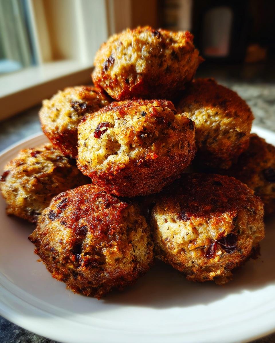 A stack of golden-brown, baked Irresistible Cranberry Turkey Stuffing Balls piled high on a white plate.