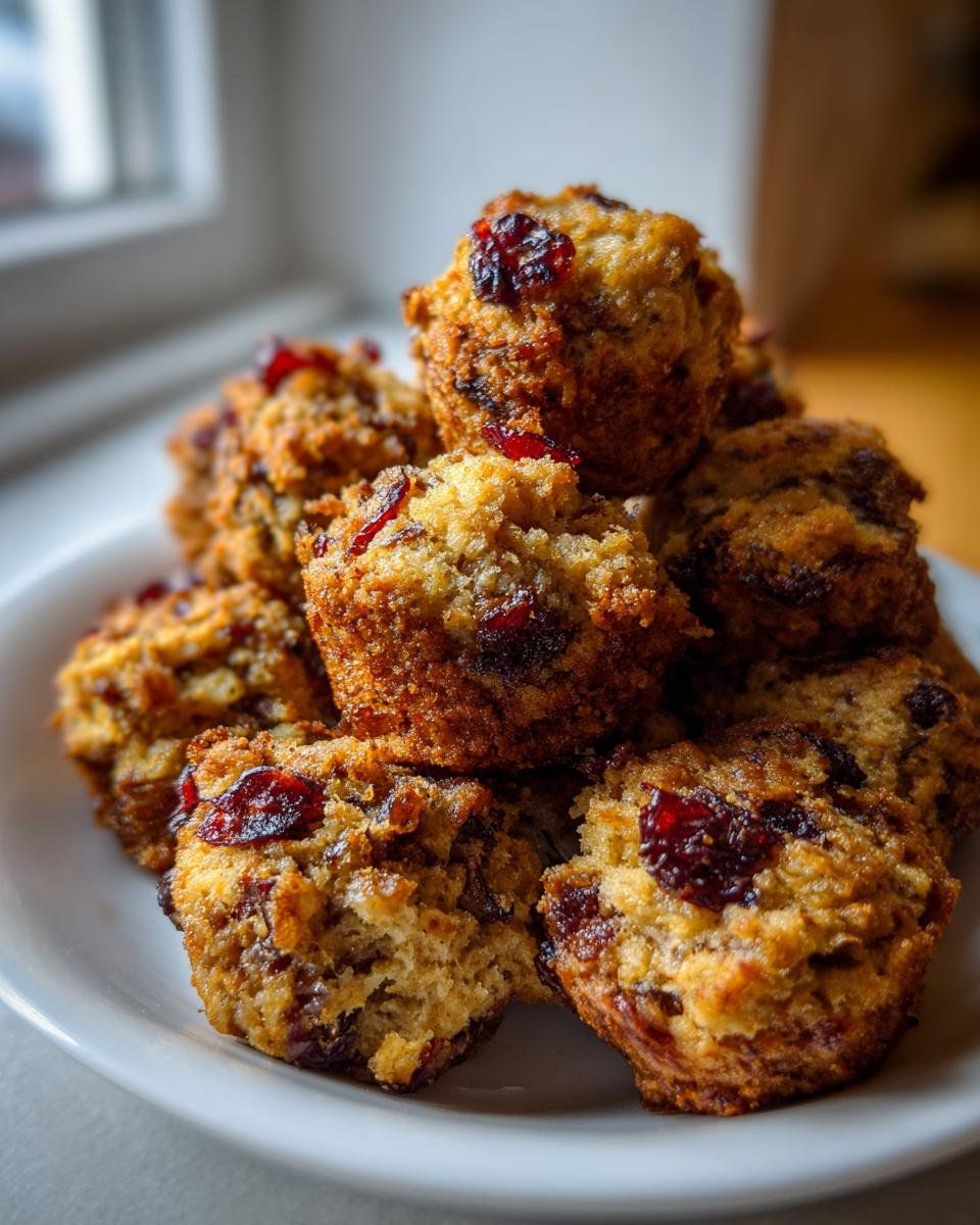 A pile of golden brown Irresistible Cranberry Turkey Stuffing Balls with visible dried cranberries on a white plate.