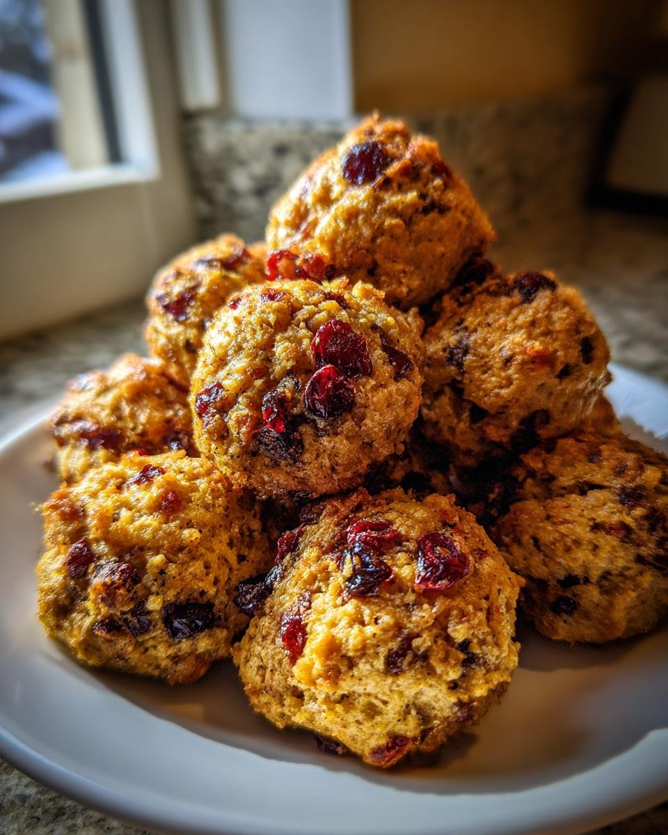 A close-up stack of golden brown Irresistible Cranberry Turkey Stuffing Balls dotted with dried cranberries on a white plate.