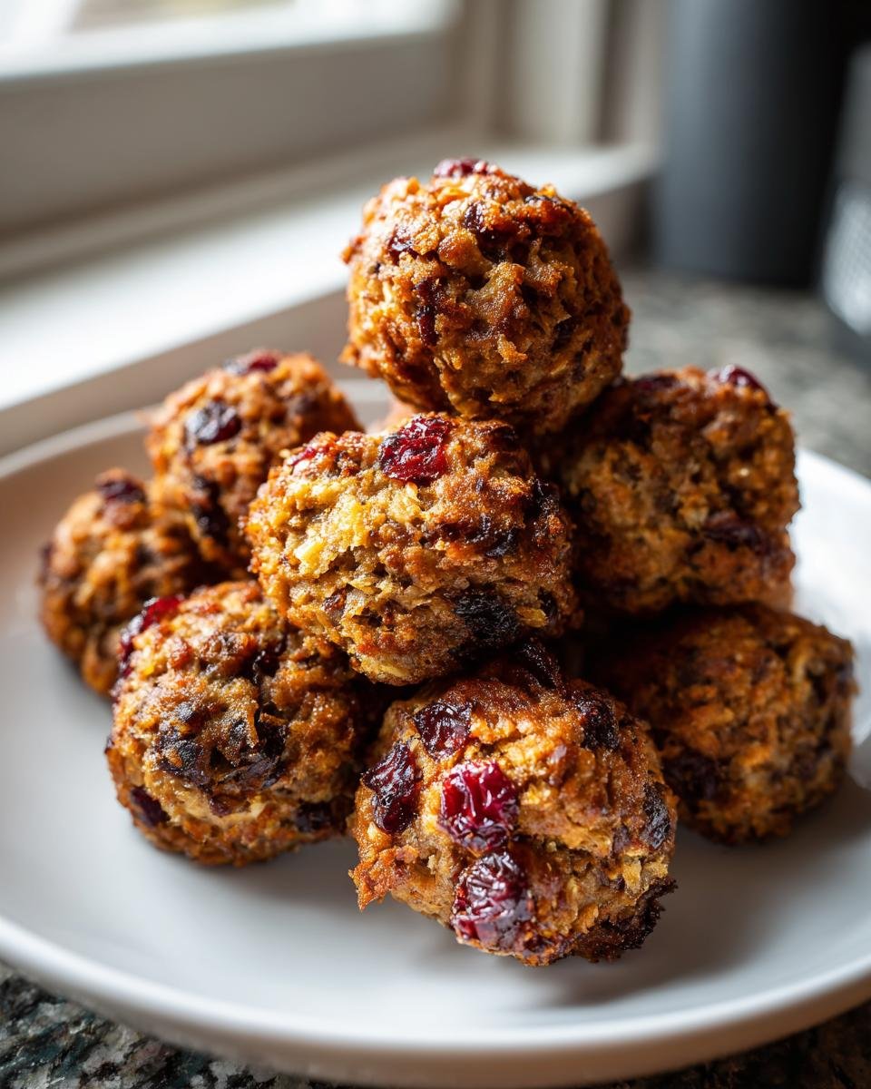 A close-up stack of golden-brown Irresistible Cranberry Turkey Stuffing Balls piled high on a white plate.