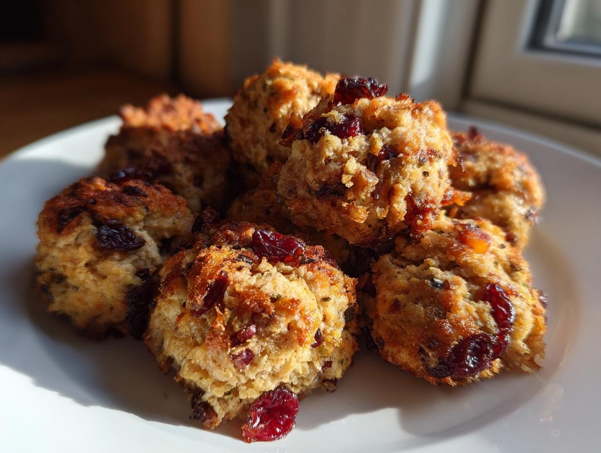 A close-up of golden brown Irresistible Cranberry Turkey Stuffing Balls piled on a white plate, catching bright sunlight.