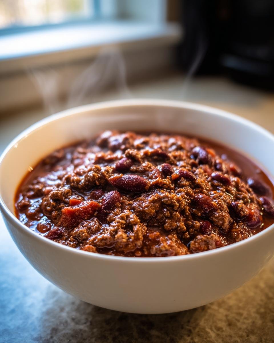 A close-up of a steaming white bowl filled with rich, hearty Irresistible Easy Slow Cooker Chili featuring ground beef and kidney beans.
