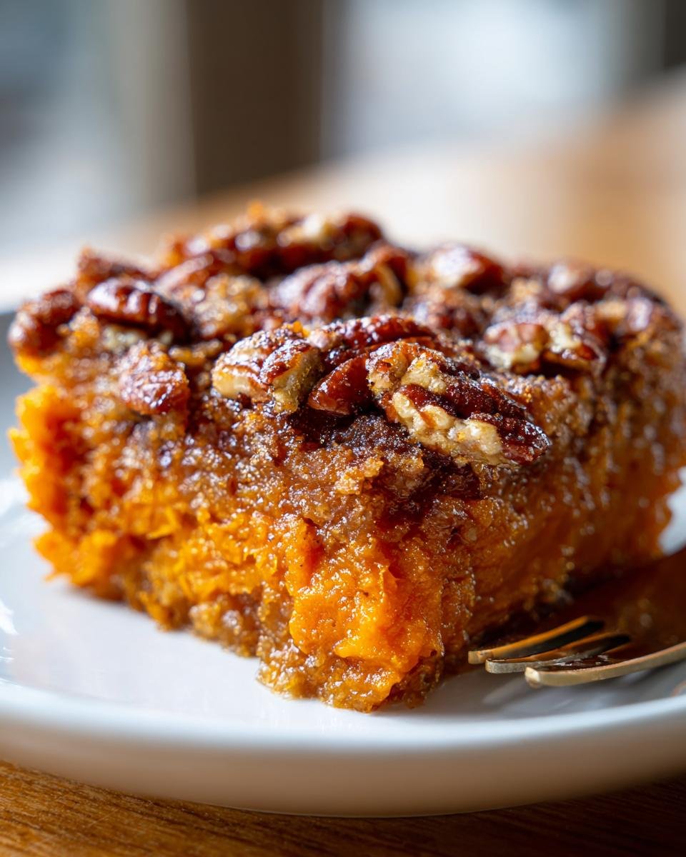 Close-up of a moist slice of Irresistible Golden Sweet Potato Casserole topped with glazed pecans.