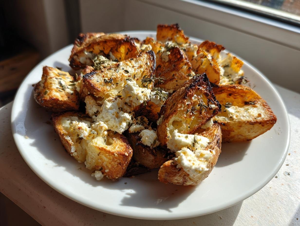 A plate piled high with golden brown, roasted potatoes topped with crumbled feta cheese and herbs, showcasing the Irresistible Greek Feta Roast Potatoes Recipe.