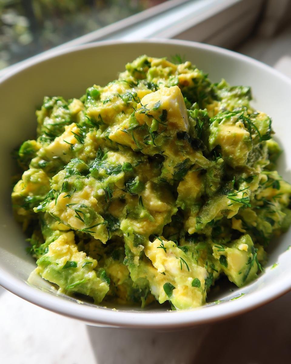 Close-up of chunky Irresistible Herby Avocado Egg Salad mixed with fresh green herbs in a white bowl.