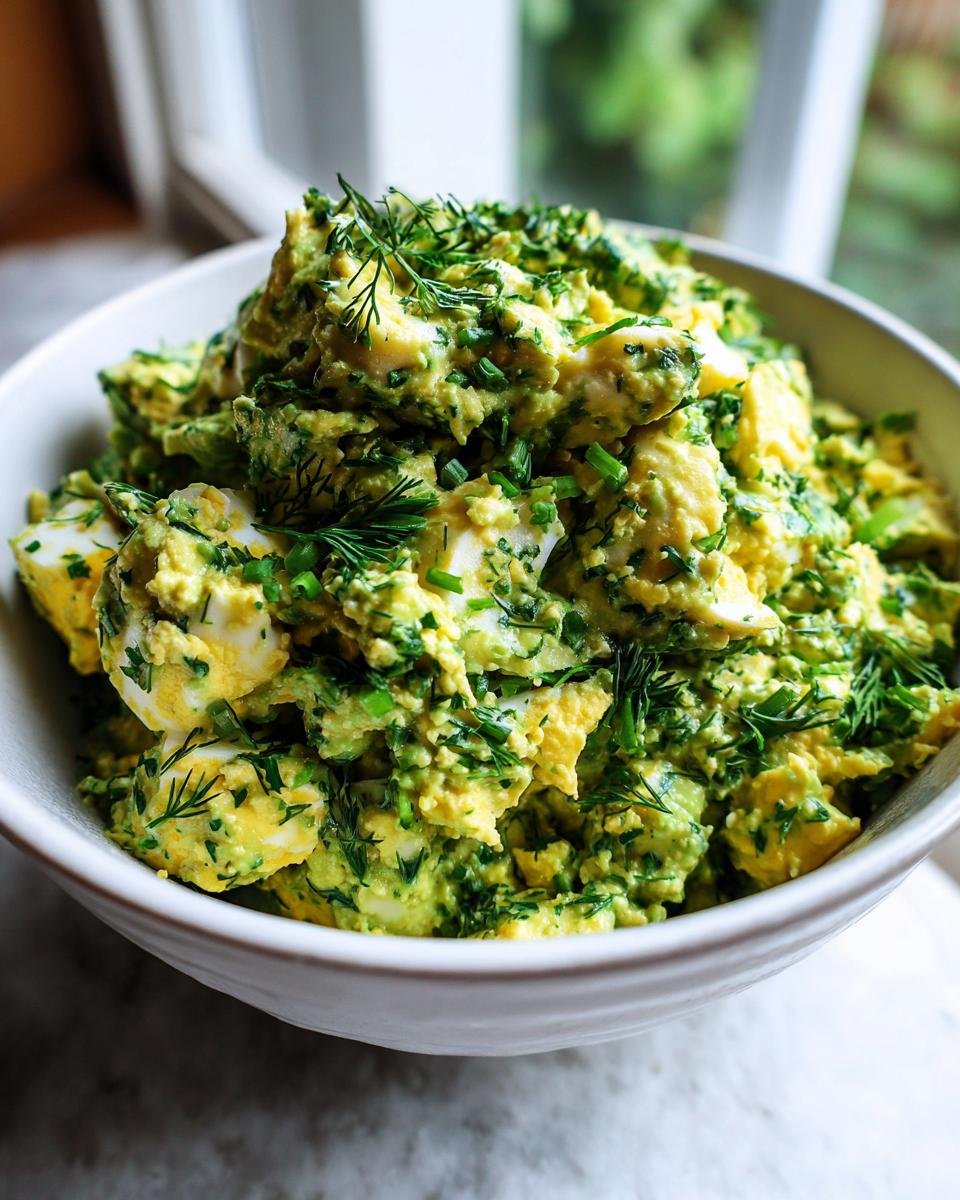 Close-up of Irresistible Herby Avocado Egg Salad topped with fresh dill and chives in a white bowl.