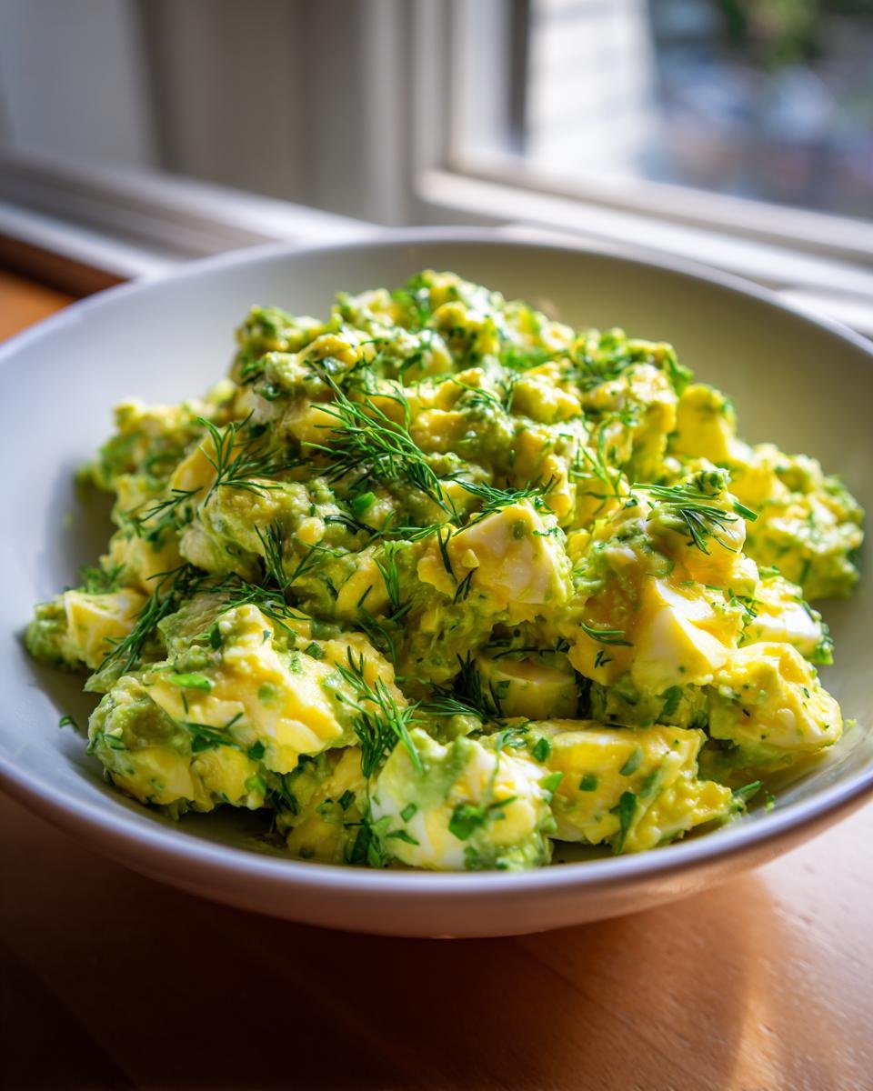 Close-up of Irresistible Herby Avocado Egg Salad mixed with chopped herbs and dill in a white bowl.