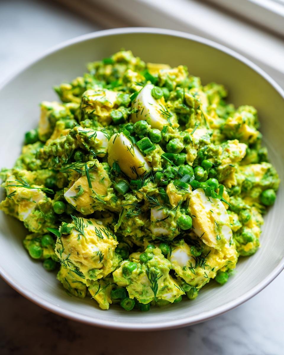Close-up of a bowl filled with Irresistible Herby Avocado Egg Salad, featuring chunks of egg, bright green peas, and fresh dill.