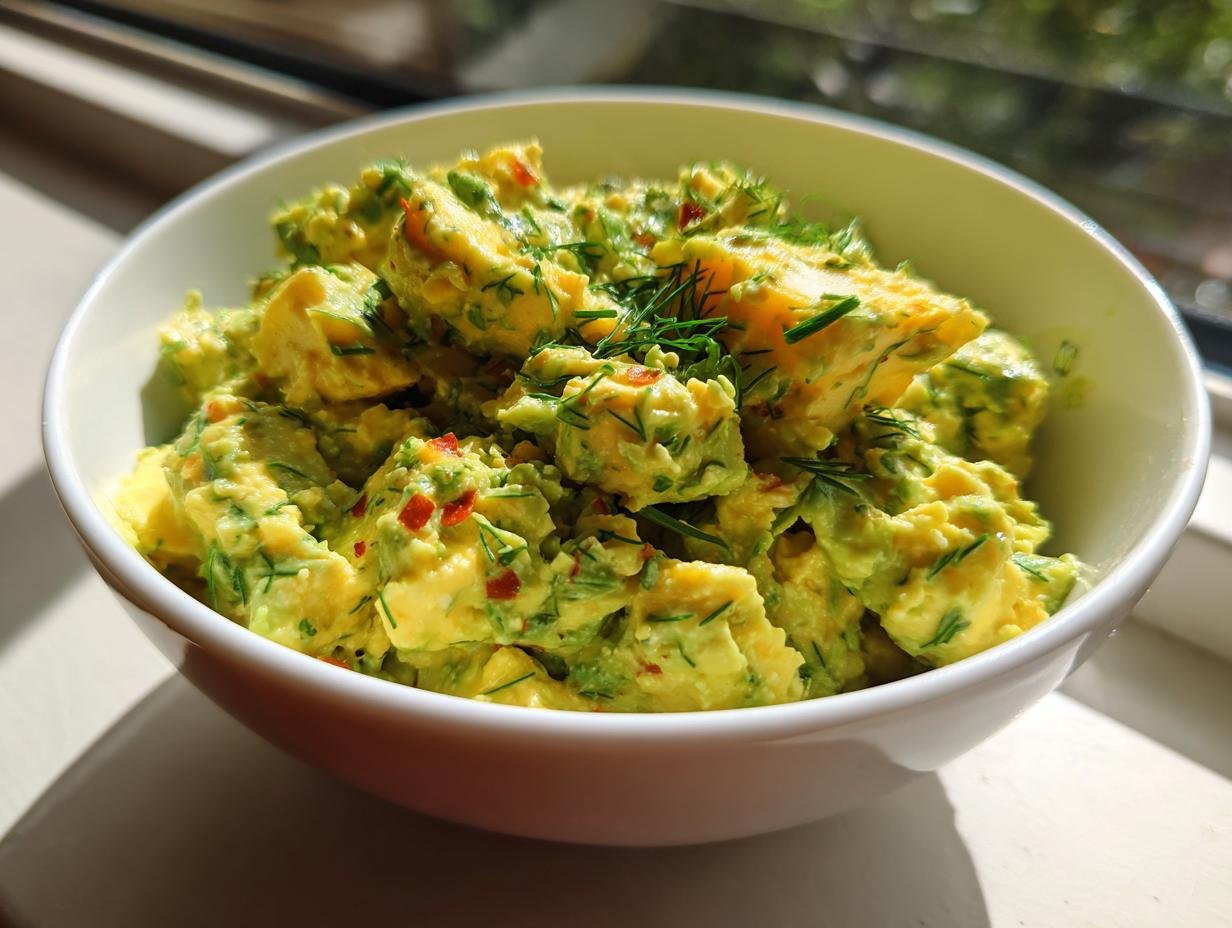 A close-up of Irresistible Herby Avocado Egg Salad mixed with dill and red pepper flakes in a white bowl.
