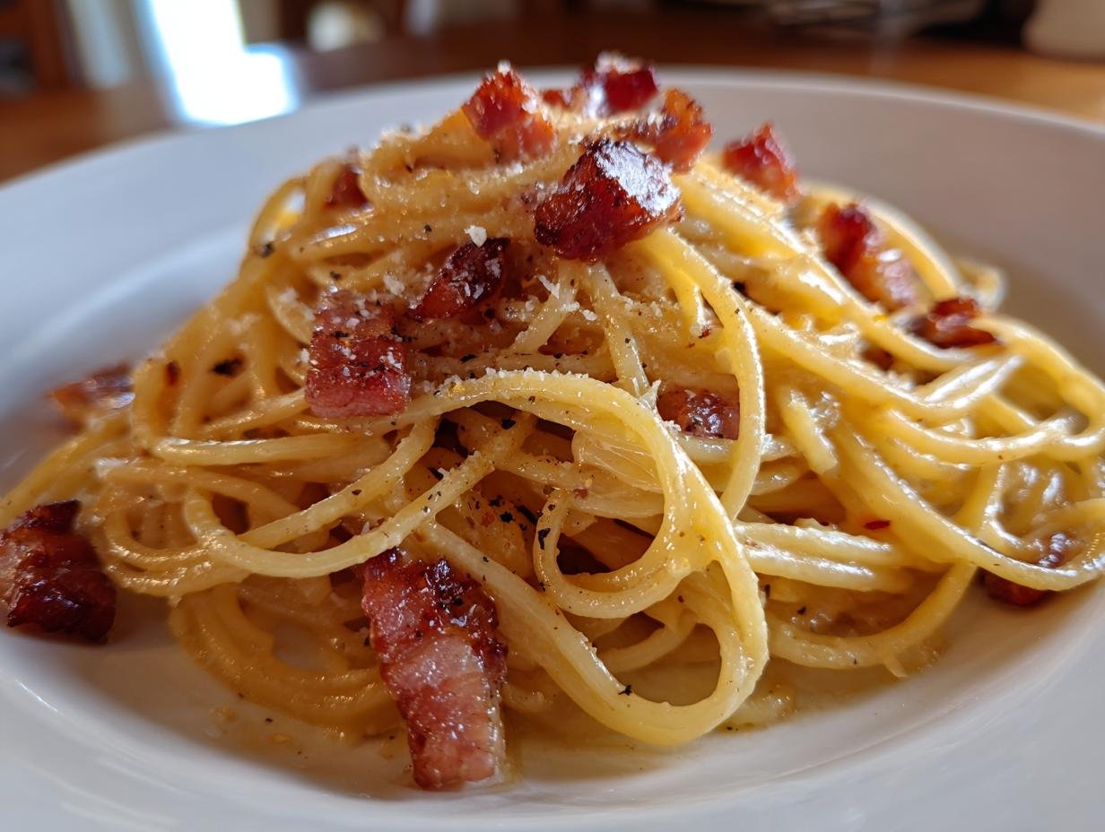 Close-up of a plate of Irresistible Pasta Carbonara, featuring spaghetti coated in creamy sauce and topped with crispy pork pieces and cheese.