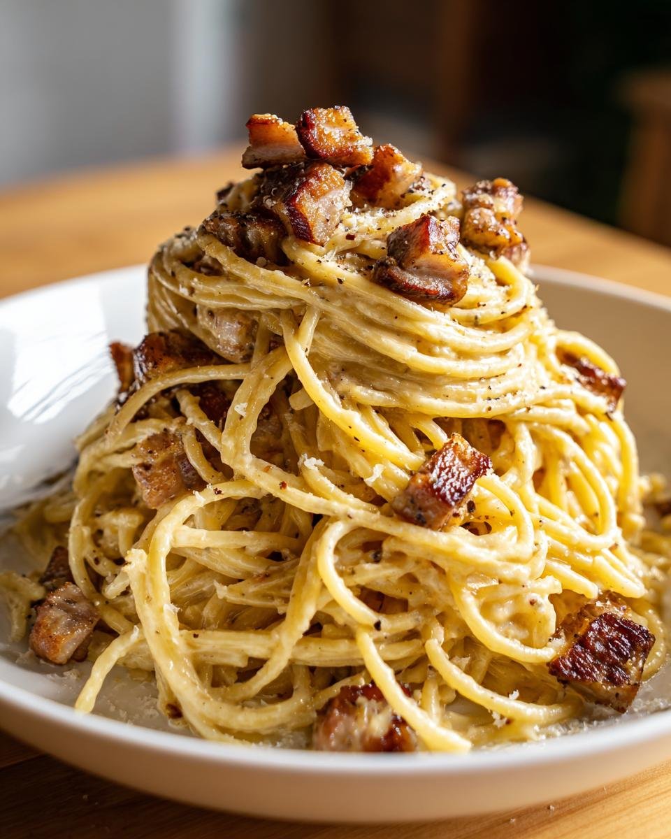 A tall mound of Irresistible Pasta Carbonara spaghetti coated in creamy sauce and topped with crispy pancetta cubes.