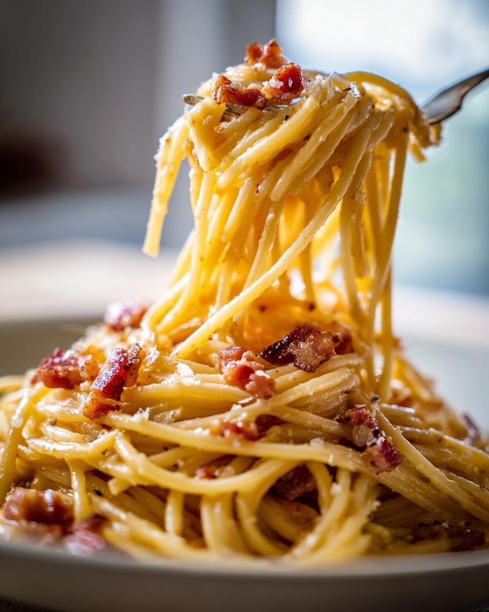 A fork lifting a generous twirl of spaghetti coated in creamy sauce, topped with crispy pancetta for Irresistible Pasta Carbonara.
