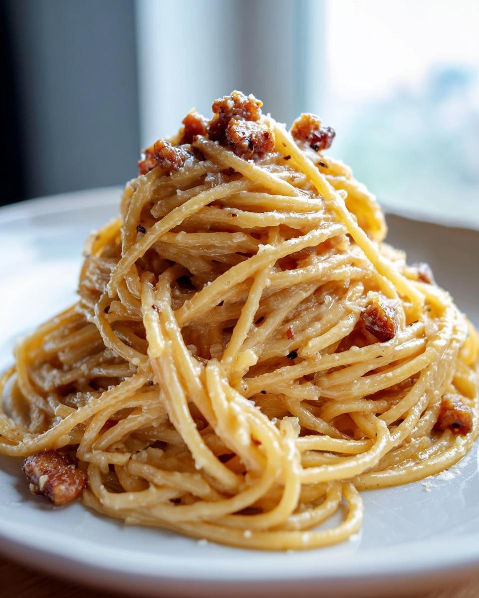 A close-up of a tall mound of spaghetti coated in creamy sauce and topped with crispy guanciale, showcasing Irresistible Pasta Carbonara.