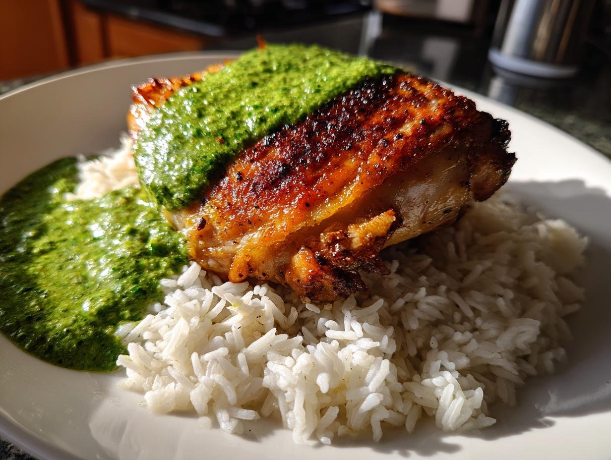 A piece of perfectly cooked, browned chicken topped with vibrant green sauce, served over white rice for an Irresistible Peruvian Chicken and Rice dish.