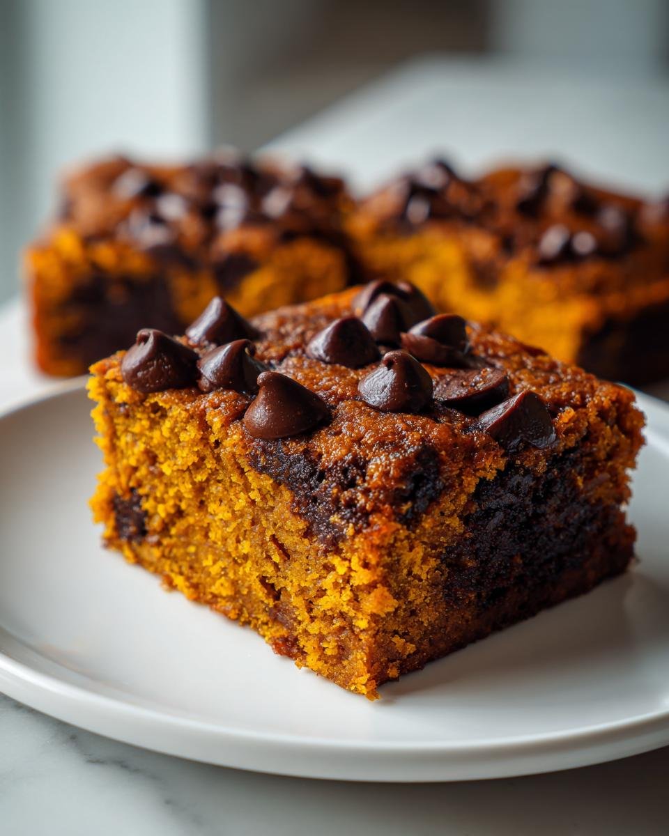 Close-up of a moist slice of Irresistible Pumpkin Chocolate Cake topped with chocolate chips.