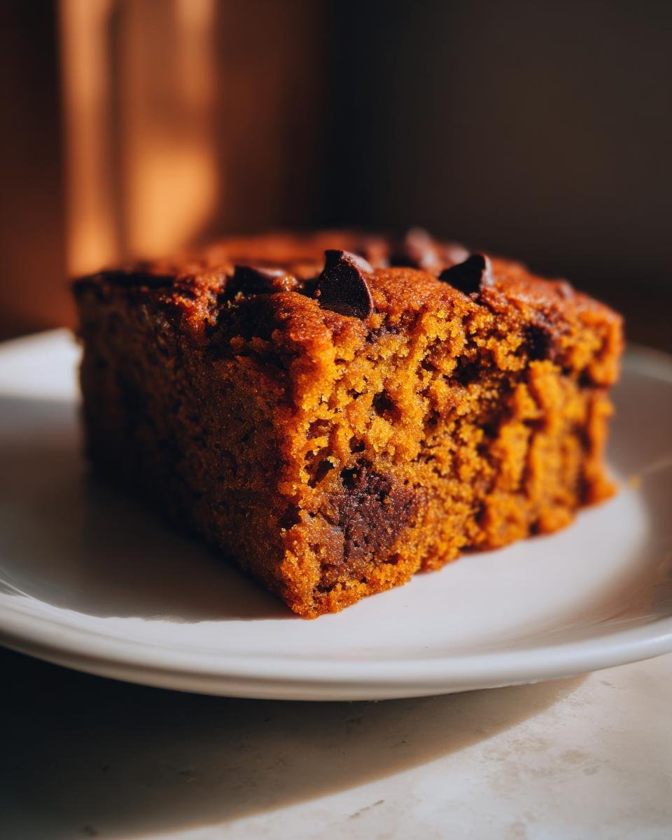 Close-up of a moist slice of Irresistible Pumpkin Chocolate Cake topped with chocolate chips on a white plate.
