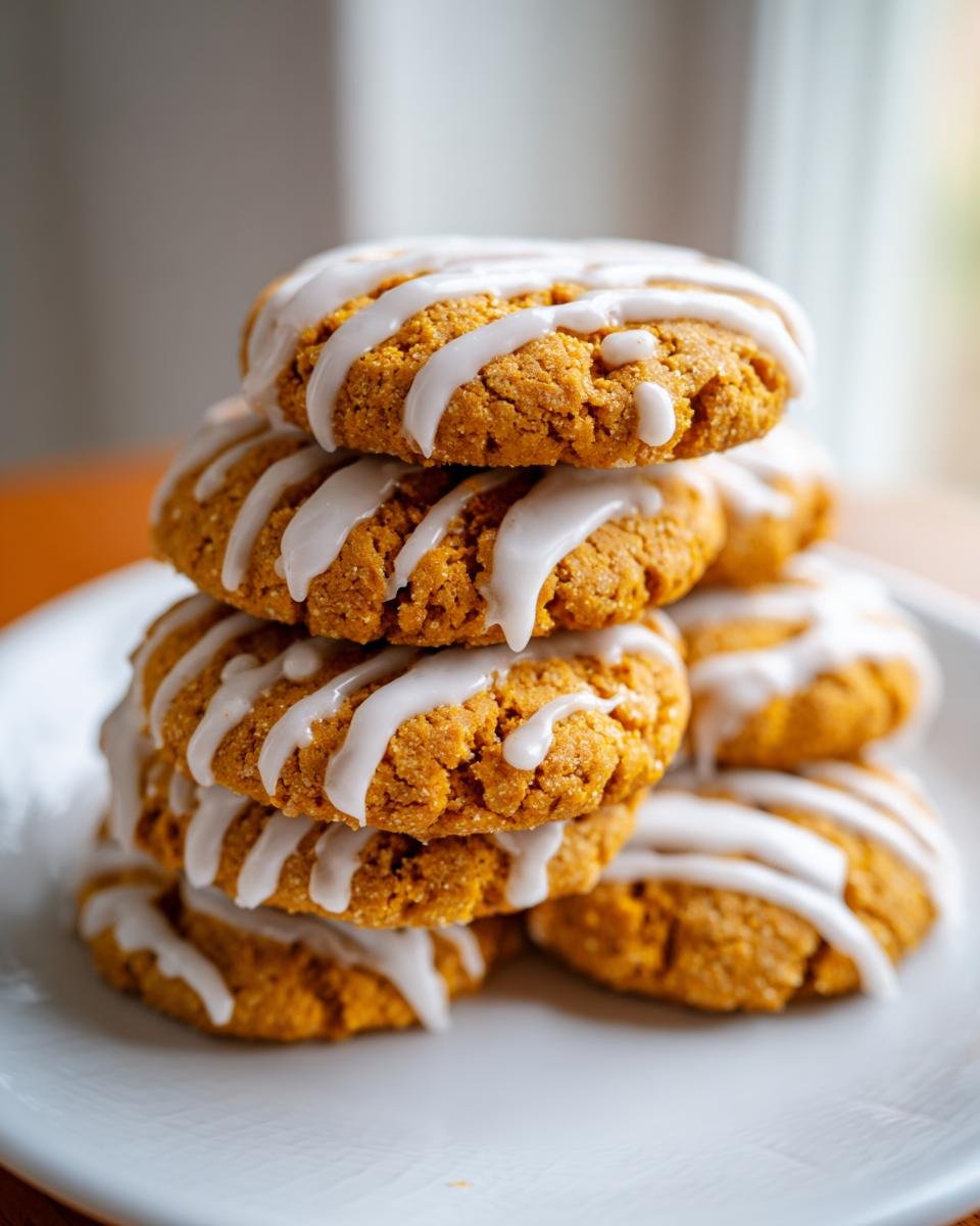 A stack of soft, orange Irresistible Pumpkin Pie Cookies drizzled with white vanilla glaze.