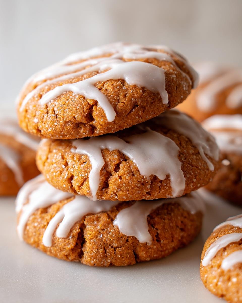 A close-up stack of three Irresistible Pumpkin Pie Cookies topped with a thick white vanilla glaze.