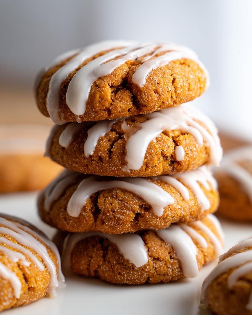 A vertical stack of four Irresistible Pumpkin Pie Cookies, drizzled with white vanilla glaze.
